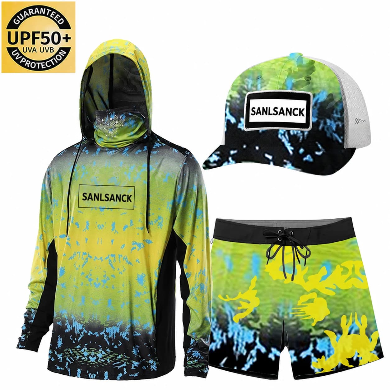 SANLSANCK fishing apparel set with a green and blue long-sleeve hoodie, matching trucker cap and shorts