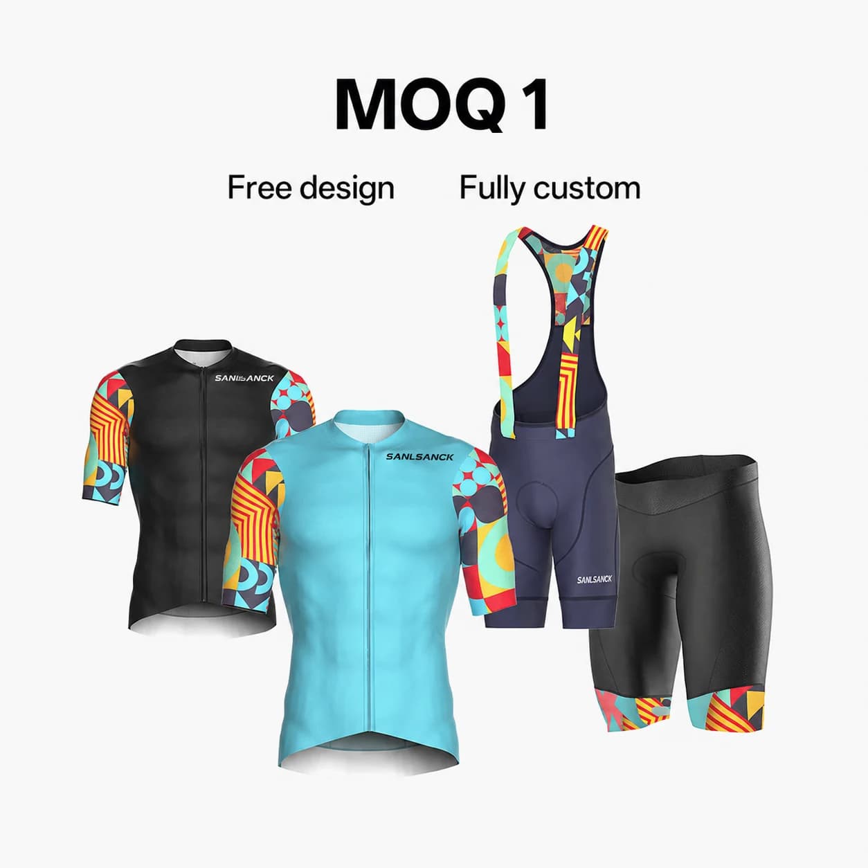 SANLSANCK black and turquoise road cycling jerseys with colorful sleeves, matching bib shorts and padded cycling shorts